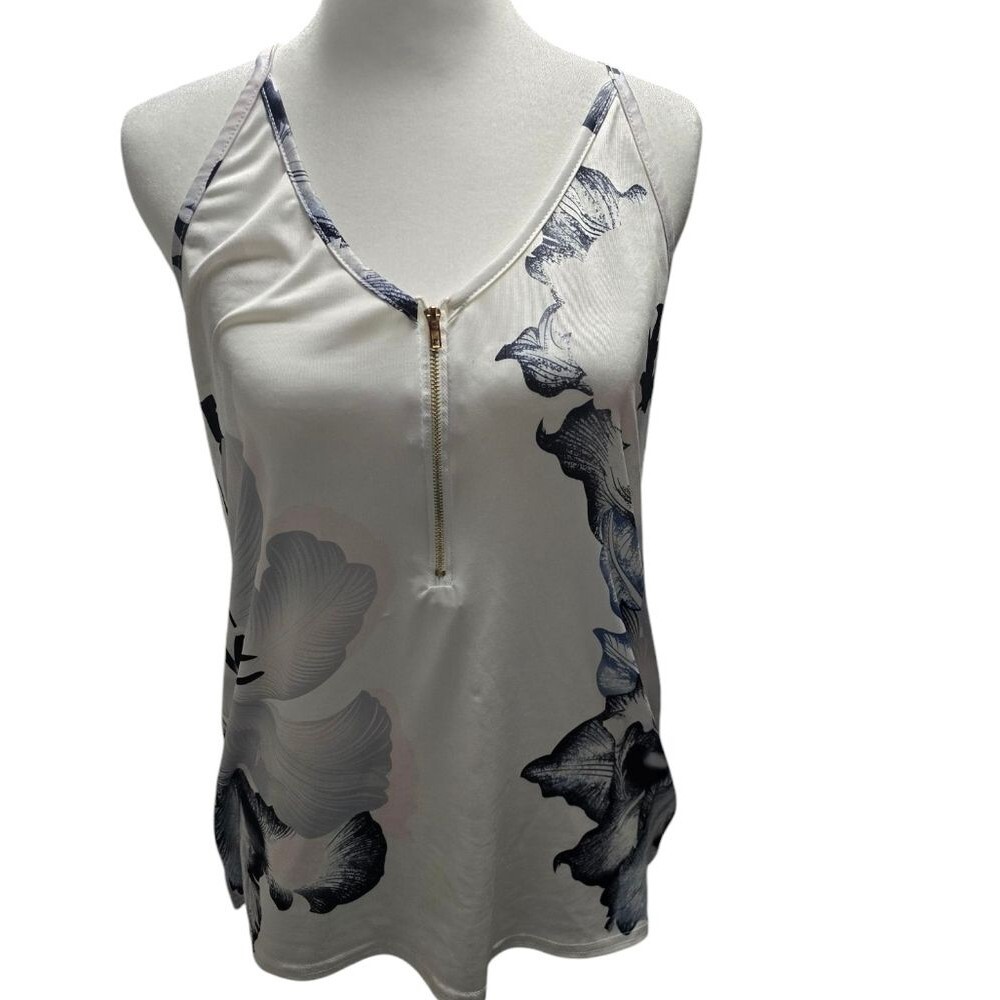 Floral Zip-Front Silky Tank Top